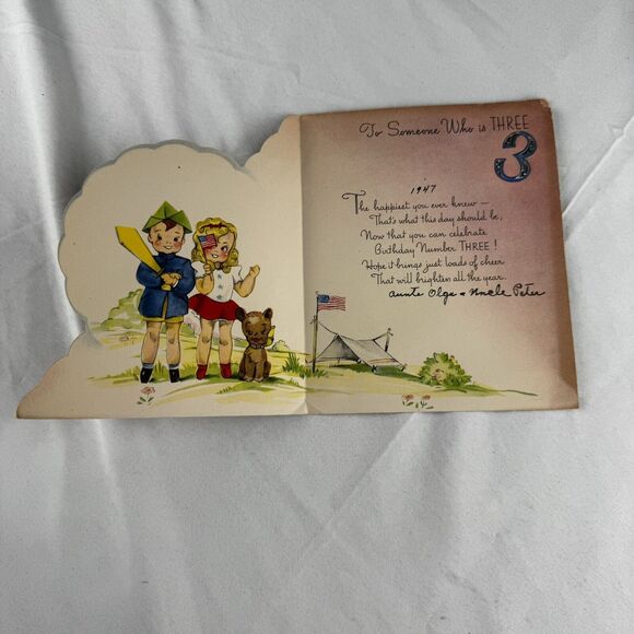 1947 Vtg Birthday Card For Someone Who Is 3 Patriotic Kids - Puppy Dog Signed - Picture 2 of 5